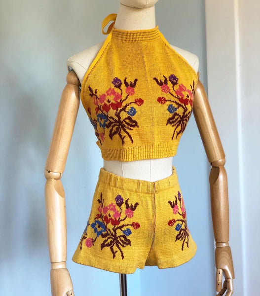 1970s "Alley Cat by Betsey Johnson" 2 Piece Intarsia Knit Hotpants & Halter Set