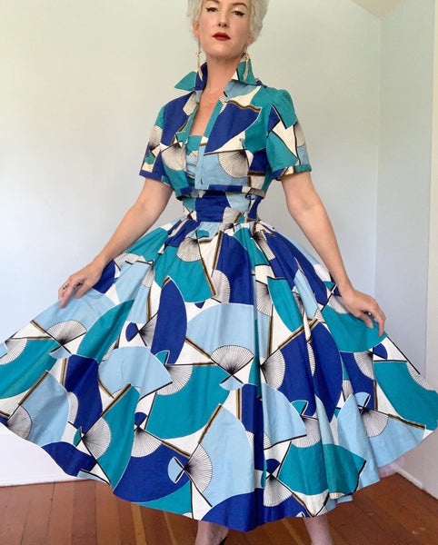 1950s Hand-printed "Alfred Shaheen Honolulu" Fan Print Circle Skirt Sundress & Bolero