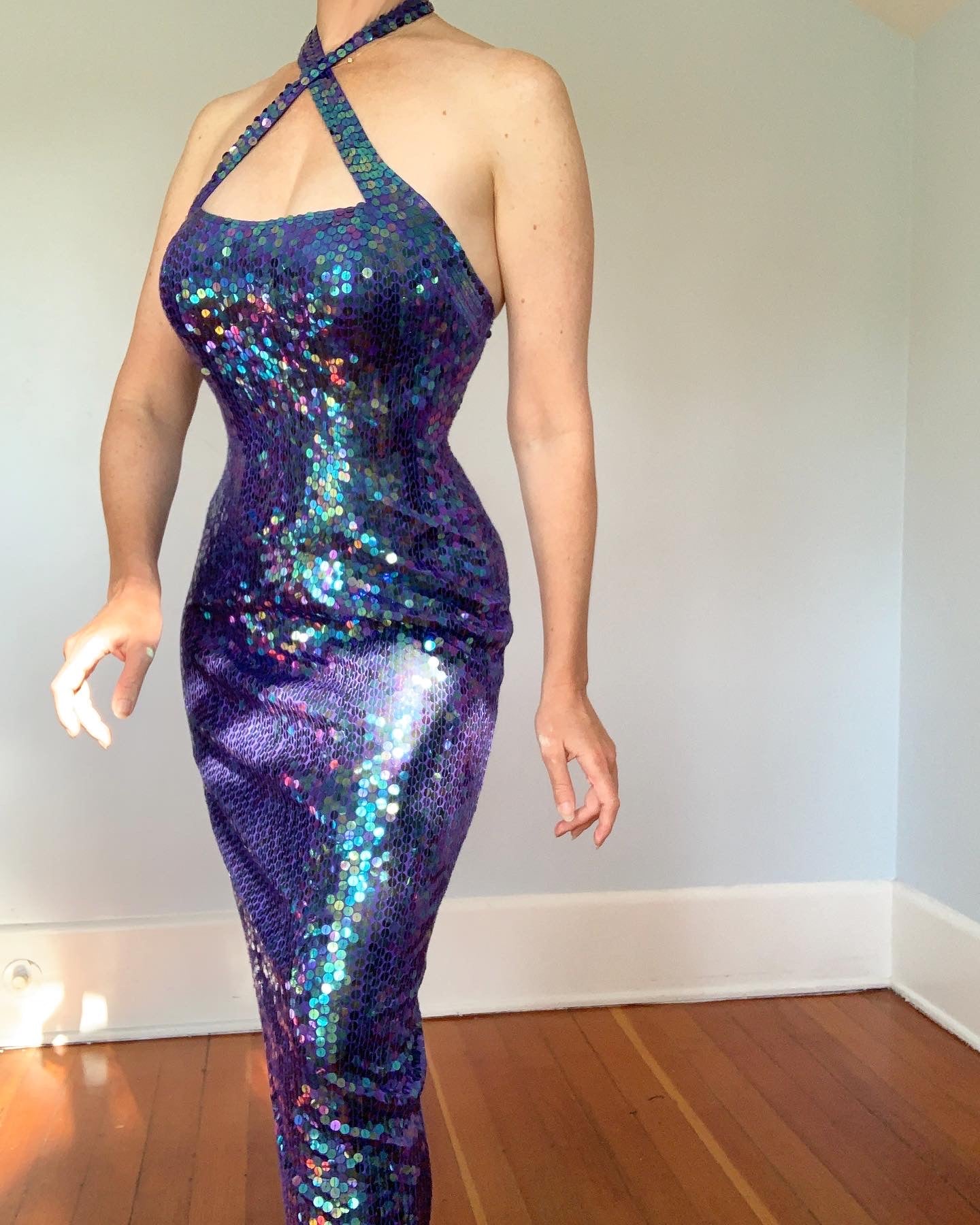 1990s Mermaid Sequin Stretch Satin Gown