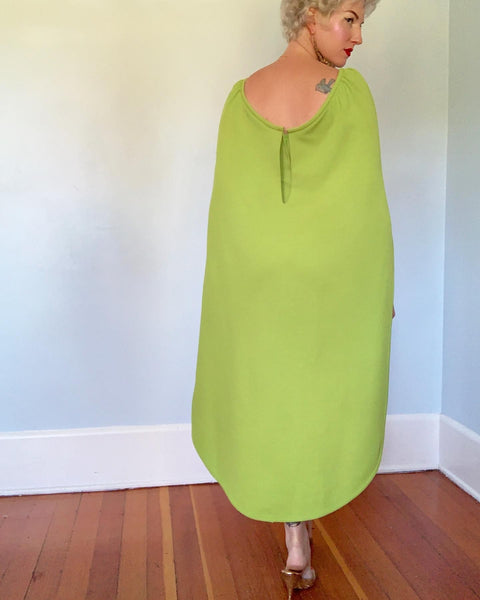 1960s Chartreuse Acid Green Hourglass Jumpsuit with Attached Cocoon Cape by "Kristine's Kreations"