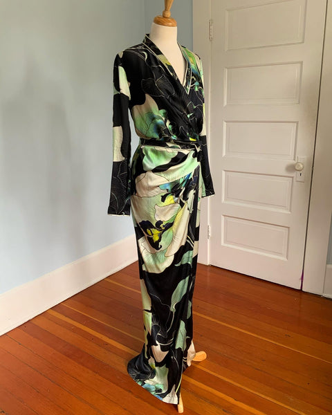 Designer "Leonard Paris" Draped Hourglass Painted Silk Floral Wrap Style Gown with Attached Belt