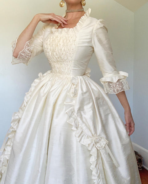 Custom Made Raw Silk Marie Antoinette Style Bridal Dress w/ Detachable Train