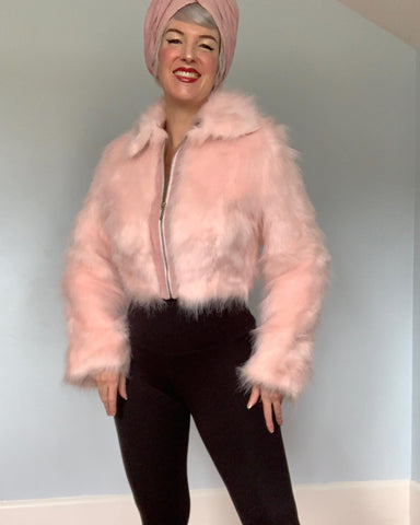 1990s Plush Cotton Candy Pink Faux Fur Cropped Jacket w/ Suede Detailing
