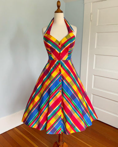 1970s "David Howard of California" Rainbow Plaid Cotton Halter Sundress