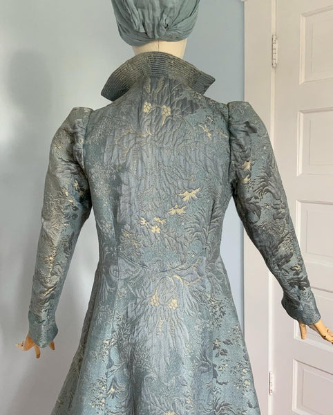 1930s French Embroidered Floral Silk Brocade Fit n' Flare Princess Coat