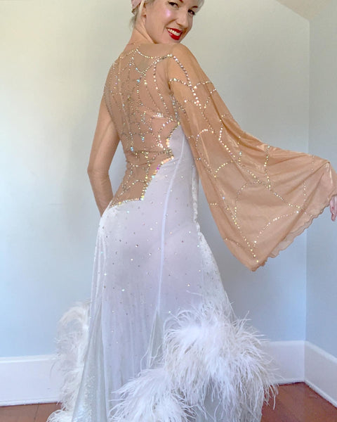 Custom Made 1970s Aurora Borealis Spiderweb Motif Ballroom Dancer Dress with Ostrich Feathers