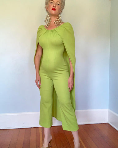 1960s Chartreuse Acid Green Hourglass Jumpsuit with Attached Cocoon Cape by "Kristine's Kreations"