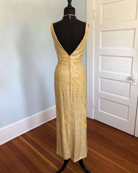 1950s Custom Made Silk Crepe Hourglass Evening Gown with Iridescent Hand Sequined Flames