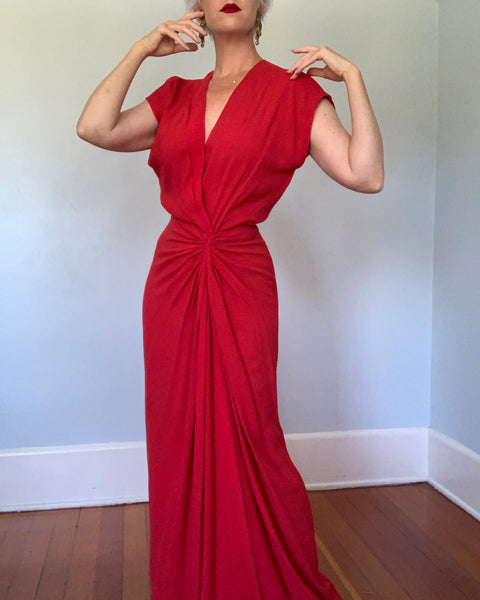 Custom Made 1940s Rayon Crepe Draped Evening Gown
