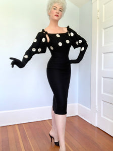 Custom Made 1950s Wool Jersey Hourglass Cocktail Dress w/ Attaching Shoulder Length Gloves by “Allie Mae”