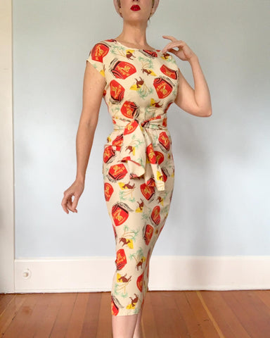Custom Made 3 Piece Cocktail Ensemble in 1950s "Al Malaikah Temple of Los Angeles" Shriners Novelty Print Cold Rayon Fabric
