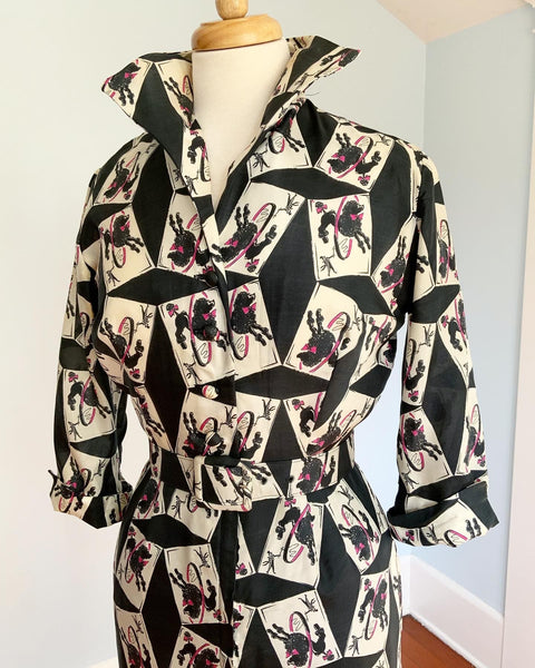 1950s Silk French Poodle Novelty Print Cocktail Shirtwaist Dress with Belt by "Original Lucinda California"