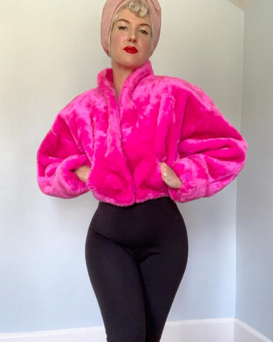 1990s Hottest Neon Pink Faux Fur Cropped Bolero by "Contempo Casuals"