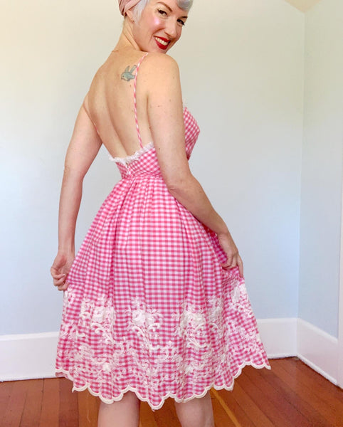1970s Gingham Cotton Embroidered Sundress by “Morton Miles New York”