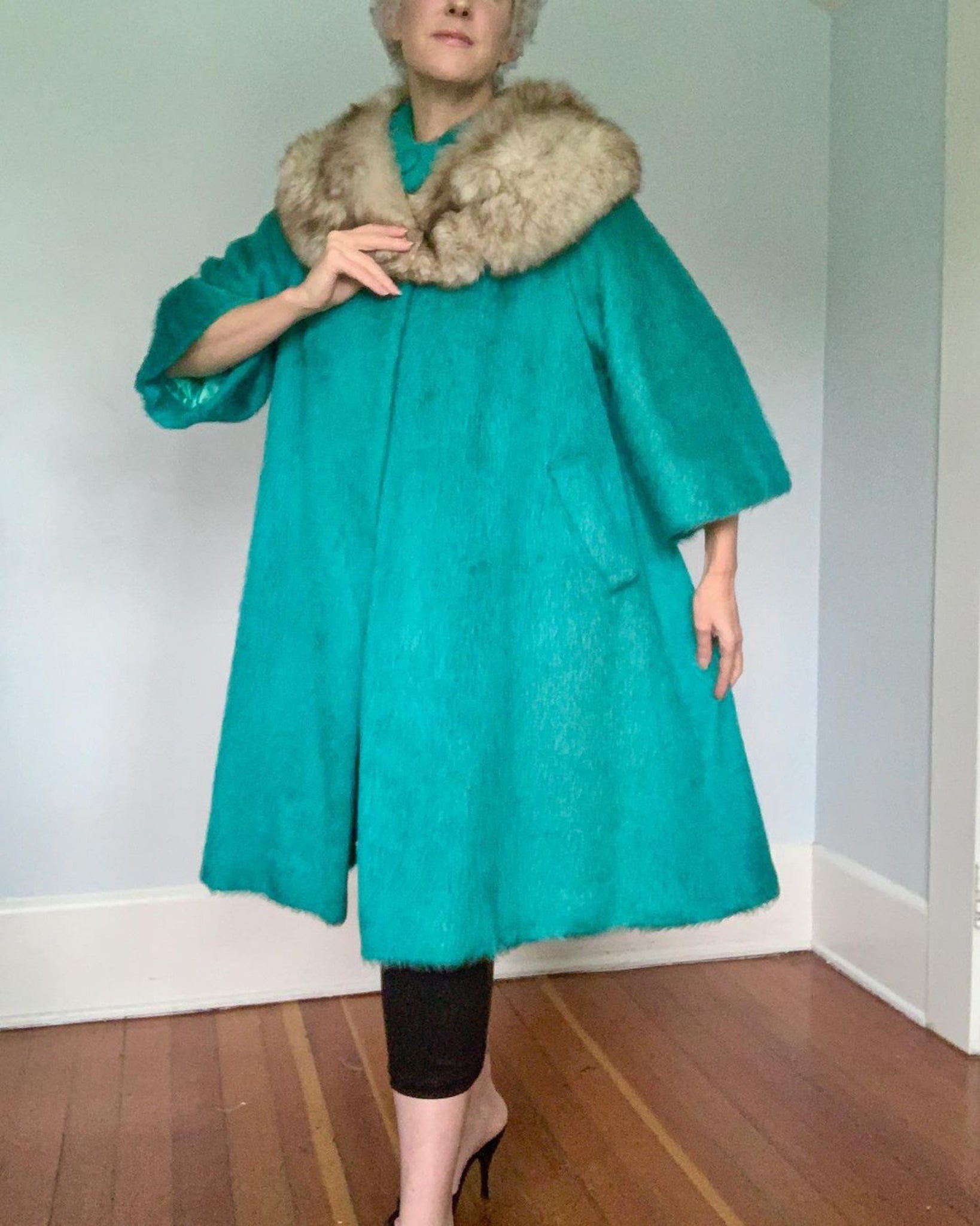 1950s “Lilli Ann of Paris & San Francisco” Long Pile Mohair Trapeze Coat w/ Detachable Fox Fur Collar