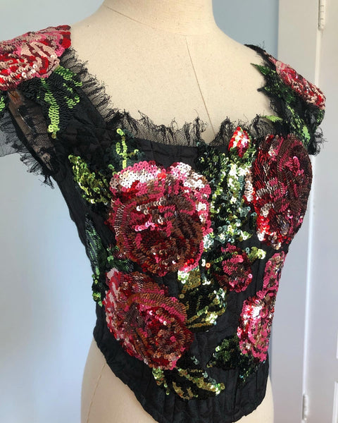 2017 S/S "Dolce & Gabbana" Floral Jacquard Sequined Roses Bustier Top