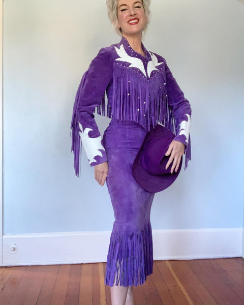 Couture 1980s Rodeo Queen Custom Made Suede & Rhinestone Western Dress