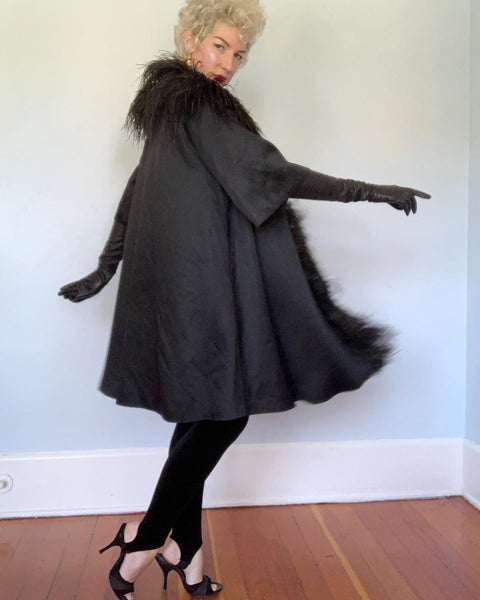 1950s Matte Satin Dramatic Trapeze Coat Trimmed in Ostrich Feathers