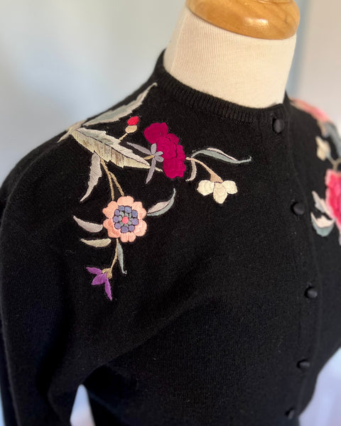 Stunning 1950s Hand Embroidered Cashmere Sweater w/ Huge Roses by “Dalton Cashmere for Perfect”