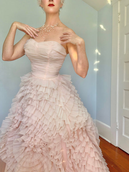 Dior Inspired 1950s Blush Pink Chiffon Evening Gown for “Hafter’s of San Diego”