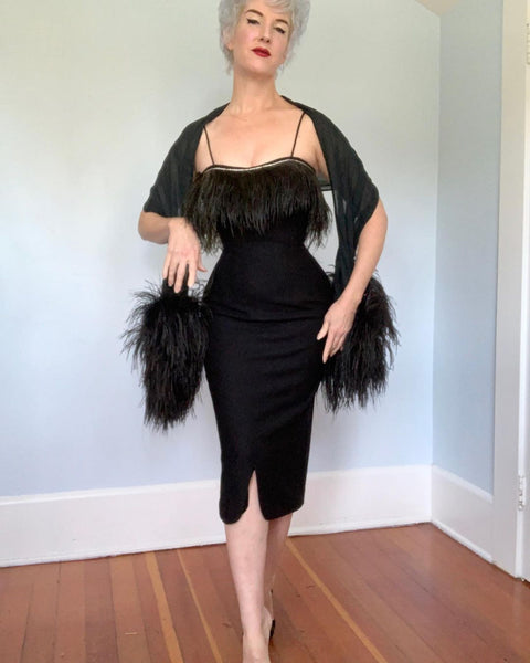 1950s Bombshell Wool Jersey Hourglass Cocktail Dress & Silk Chiffon Shawl Trimmed in Ostrich Feathers