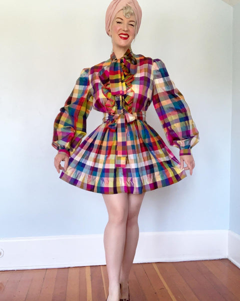 1970s Rainbow Madras Silk Plaid Mini Dress with Pussy Bow, Puffed Sleeves and Tie Belt