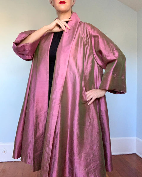 1950s Iridescent Violet-Pink to Green Sharkskin Silk Extreme Trapeze Coat by "M. Solomon of Albany"