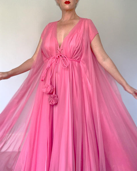 1960s "Claire Sandra for Lucie Ann of Beverly Hills" Bubble Gum Pink Frothy Chiffon Trapeze Peignoir 2 Piece Set