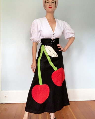 1970s Wool Felt Maxi Skirt with Huge Cherries Applique & Lace Up Corset Waist by "Trivia by Charm of Hollywood"