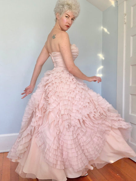 Dior Inspired 1950s Blush Pink Chiffon Evening Gown for “Hafter’s of San Diego”