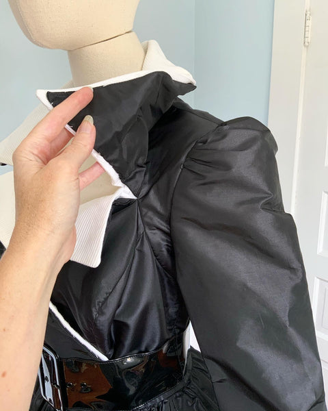 Custom 1970s does 1950s Rare "Victor Costa" Sample Piece Taffeta Party Dress with Huge Cotton Pique Collar, Pockets, & Wide Patent Leather Belt