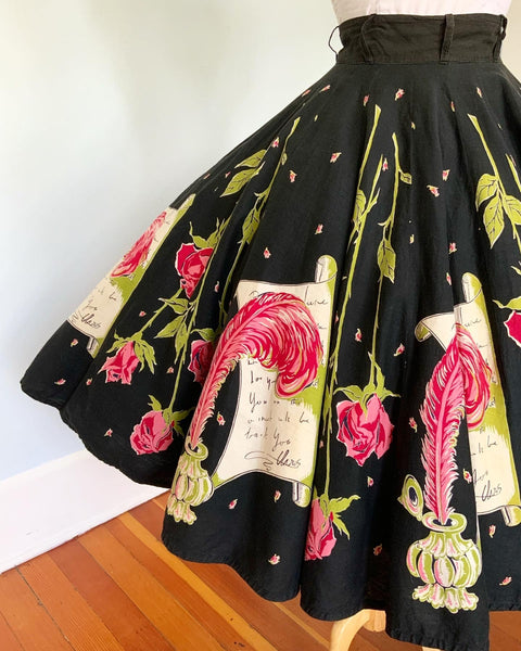 1950s "Love Letters" Cotton Novelty Print 16 Panel Circle Skirt