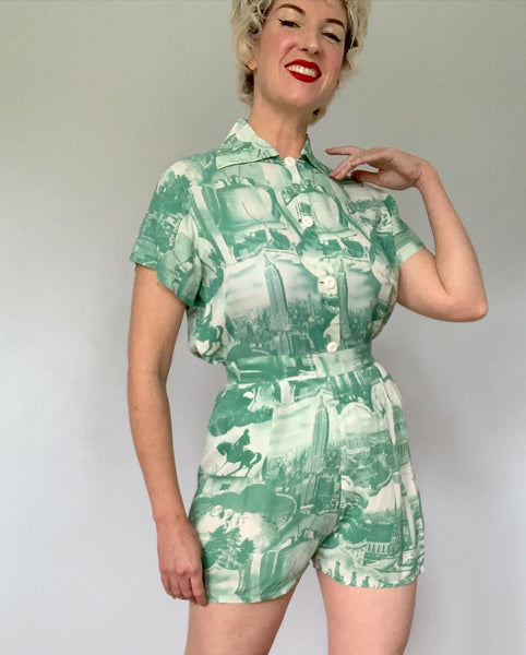 1940s 2 Piece Cold Rayon Playsuit with United States Landmarks / Monuments Photo Print
