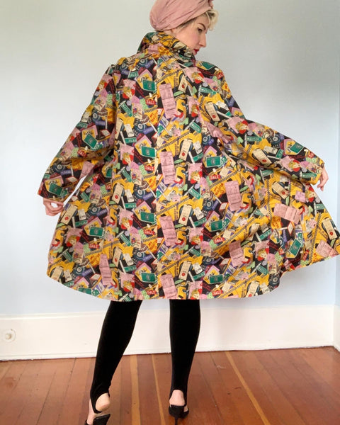 Limited Edition 1990 "Nicole Miller" Shopaholic Novelty Print Raincoated Silk Trapeze Swing Coat with Pockets