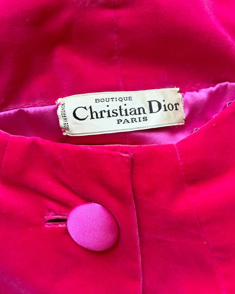 1960s Designer "Christian Dior Boutique Paris" Hot Fucshia Velvet Trapeze Coat with Stand Up Collar & Bows
