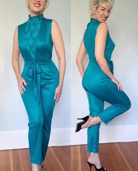 1960s Sex Kitten Nylon Jersey Hourglass Lounging Jumpsuit with Tie Belt by "Jer Marai"