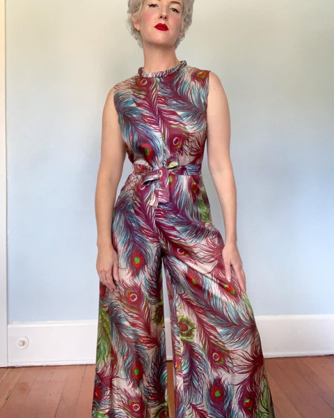 1960s Peacock Print Satin Wide Palazzo Pant Jumpsuit with Tie Belt by "Fashions by Marilyn - New York"