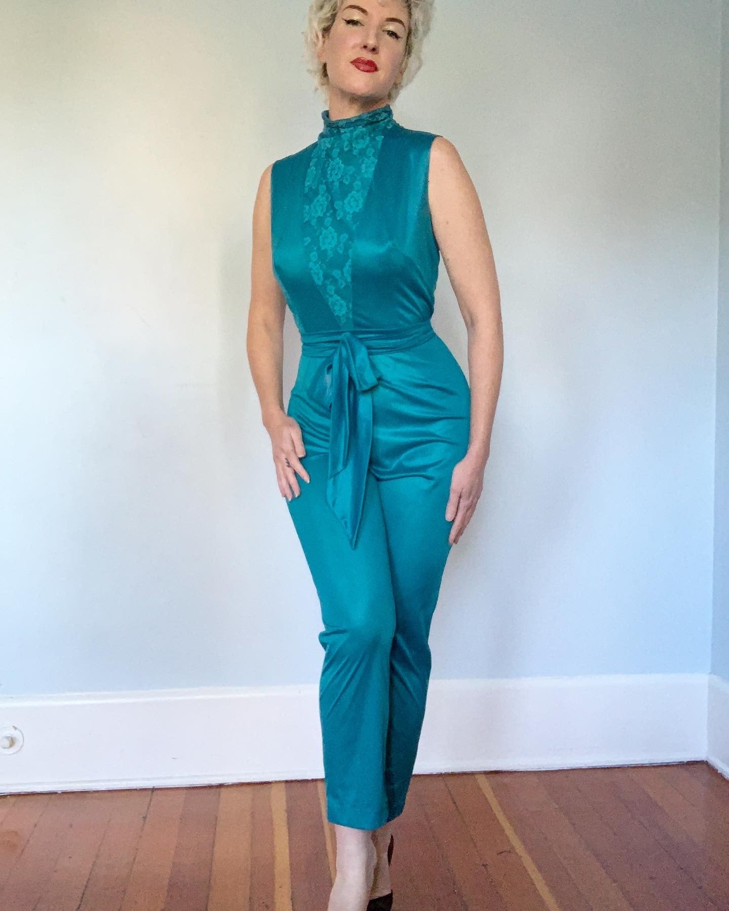 1960s Sex Kitten Nylon Jersey Hourglass Lounging Jumpsuit