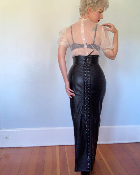 Fetish Chic 1980s High Waisted Leather Maxi Length Tapered Pencil Skirt with Lace Up Front & Back