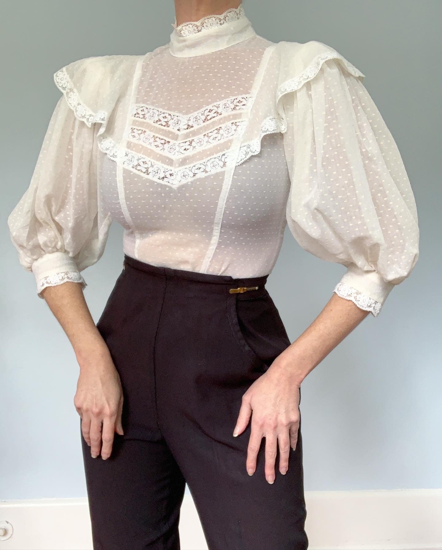 1970s Semi Sheer Cotton Swiss Dot Hourglass Victorian Inspired Blouse with Huge Balloon Sleeves