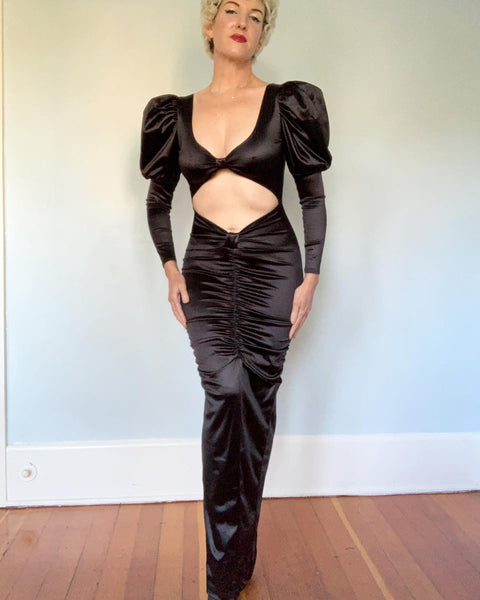 The Ultimate 1980s Stretch Satin Bodycon Vintage Vamp Gown with Cut-Out Midsection