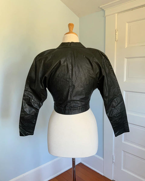 Rare Late 1970s Designer "OMO Norma Kamali" Cropped & Fitted Leather Jacket with Attached Tie Belt