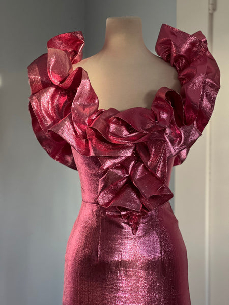 1980s Metallic Pink Liquid Lamé Evening Gown