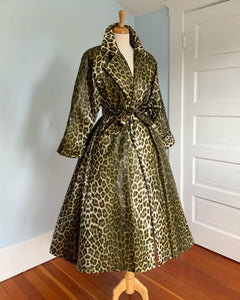 1970s Leopard Print Weather-Proof Satin Princess Raincoat