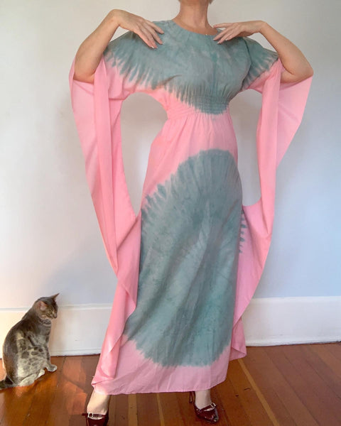 Custom Made 1960s Hand Tie-Dyed Cotton Maxi Caftan Dress with Huge Connected Angel Sleeves