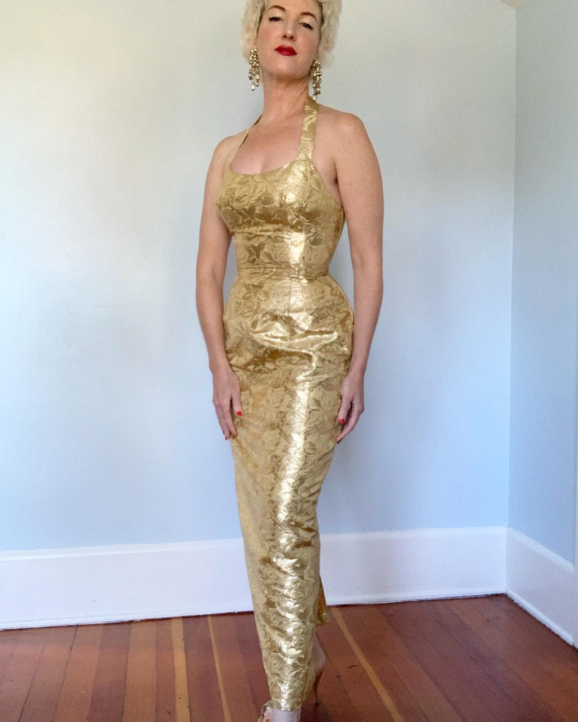 Couture 1950s "Milgrim" 2 Piece Silk Gold Lame' Halter Gown & Matching butchwaxvintage Couture 1950s "Milgrim" 2 Piece Silk Gold Lame' Halter Gown & Matching butchwaxvintage
