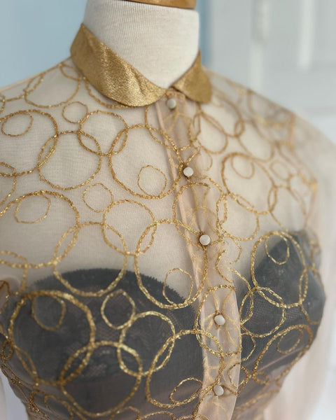 1950s Sheer Nylon Blouse with Embroidered Gold Bubbles