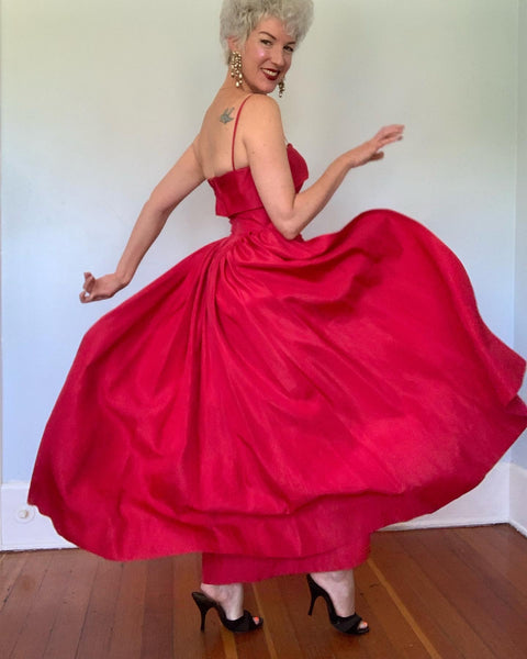 1950s “Emma Domb of California” Devil Red Taffeta Evening Gown
