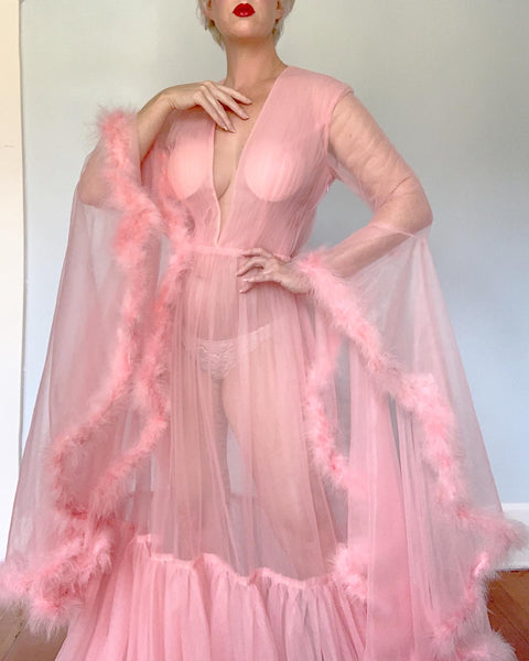 Custom Made Vintage Pink Chiffon To-Die-For Boudoir Gown with Marabou Trim