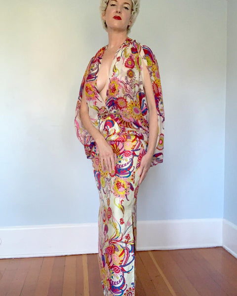 1960s One of a Kind Handmade Psychedelic Floral Silk Evening Gown with Plunging Draped Bodice